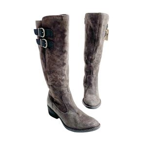 BORN Basil Asphalto Distressed Grey Suede Knee High Buckle Low Heel Boots